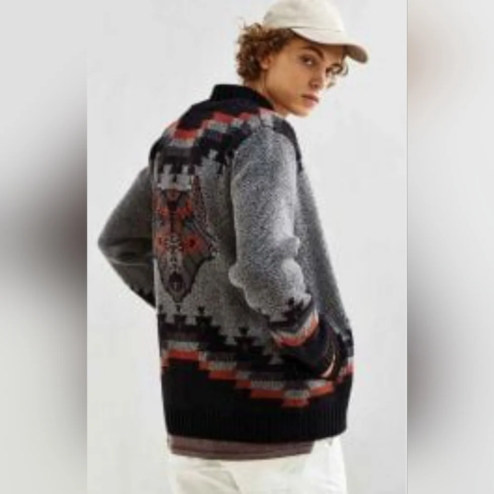 Urban Outfitters Men's Grey Black Southwestern Aztec Fox Grandpa Sweater Medium - Picture 3 of 16